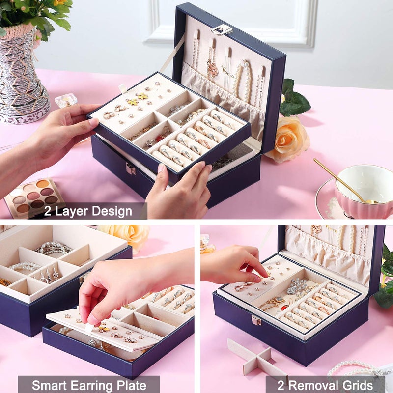 Voova Jewelry Box Organizer for Women Girls, 2 Layer Large Men Jewelry Storage Case,PU Leather Display Jewellery Holder with Removable Tray for Necklace Earrings Rings Braceletsï¼ŒVintage Giftï¼ŒNavy Blue - Image 3